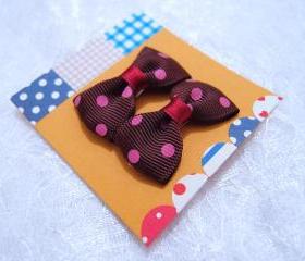 Mini Brown (Chestnut) Polka Dots Bow Hair Pins ( 2 in a set )