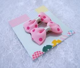Mini Pastel Pink with Dark Pink Polka Dots Bow Hair Pins ( 2 in a set )