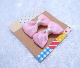 Mini Pastel Pink with White Polka Dots Bow Hair Pins ( 2 in a set )