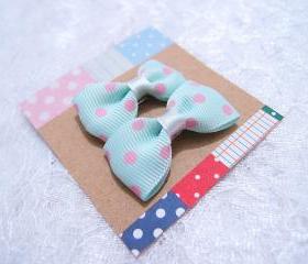Mini Pastel Blue with Pink Polka Dots Bow Hair Pins ( 2 in a set )