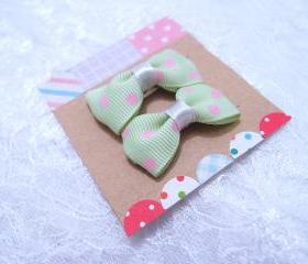 Mini Pastel Green with Pink Polka Dots Bow Hair Pins ( 2 in a set )
